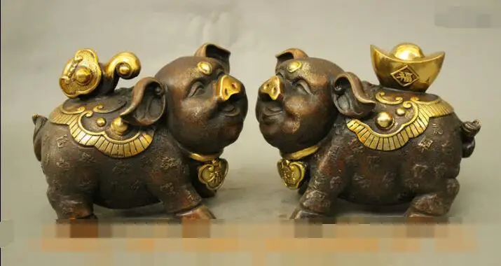 

S06667 9" FengShui Chinese Bronze Gilt YuanBao RuYi Year Zodiac Wealth Pig Statue Pair discount 30% (C0324)