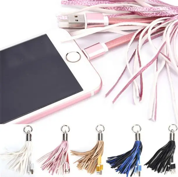 

20pcs Mini USB Cable 2 in 1 Leather tassel Keychain fast charger keyring Data cable cord charging adapter for Android iPhone