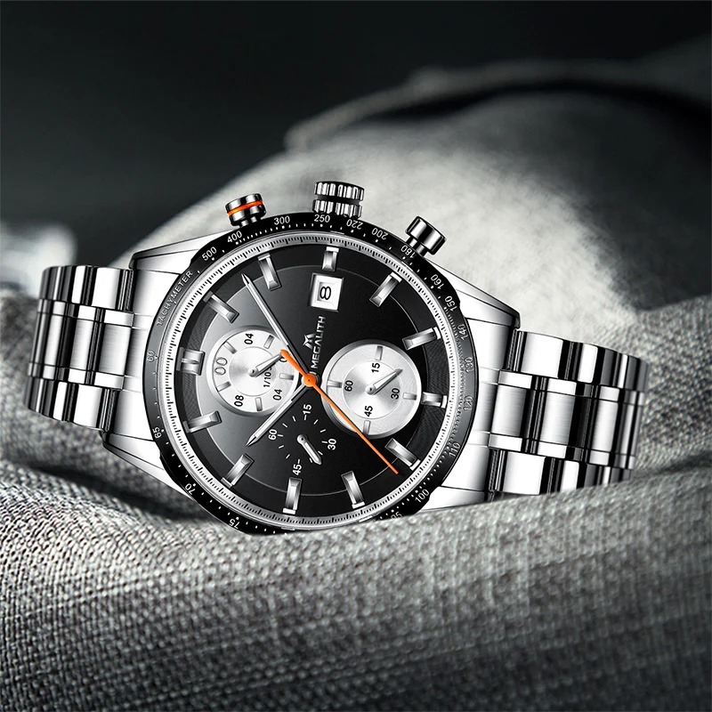 MEGALITH модные Chronograp мужские часы аналоговые кварцевые часы 24 часа Дата мужские водонепроницаемые спортивные полностью Стальные наручные часы