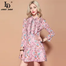 LD LINDA DELLA Spring Fashion Runway Dress Women's Long Sleeve Bow Collar Ruffles Ruched Floral Print Vintage Elegant Dress