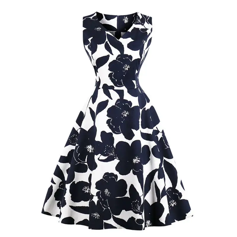 

Ladies Retro V-Neck Sleeveless Dress 1950s Womens Vintage Pinup Hepburn Floral Print Swing Dress Elegant Housewife Party Dresses