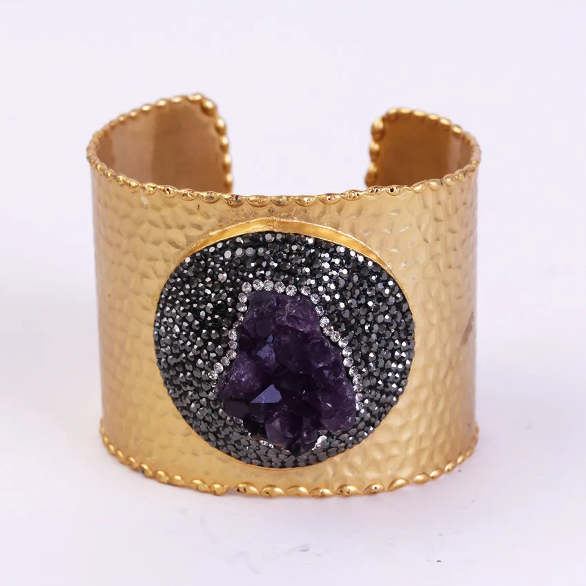 

charms golden bangle pave rough purple crystal amethysts stone rhinestone adjustable open big hemmered bangle cuff for women