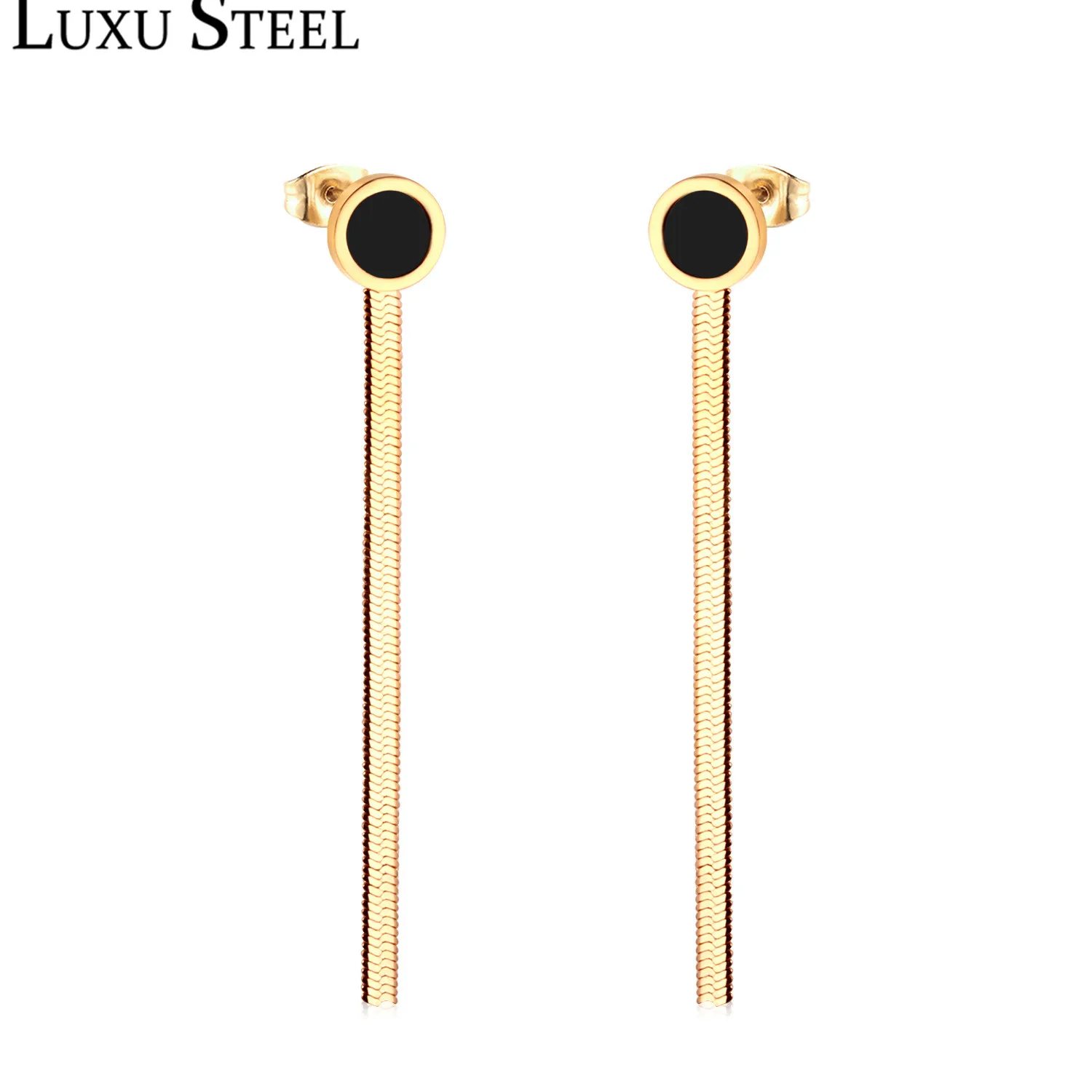 

LUXUSTEEL Black Round Shell Snake Chain Drop Earring Stainless Steel Classic Style Long Earrings Female Collier Bijoux Friend