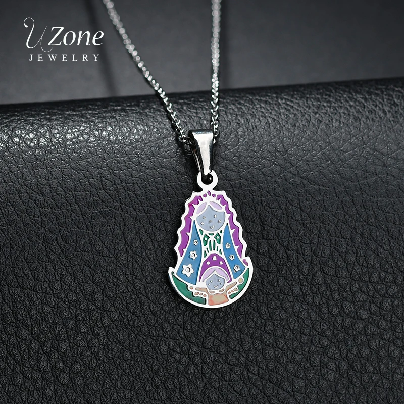 

UZone Titanium Steel Colorful family Pendant Necklace Mother Angel Girl Daughter Flower Heart Choker For Women Dames armband