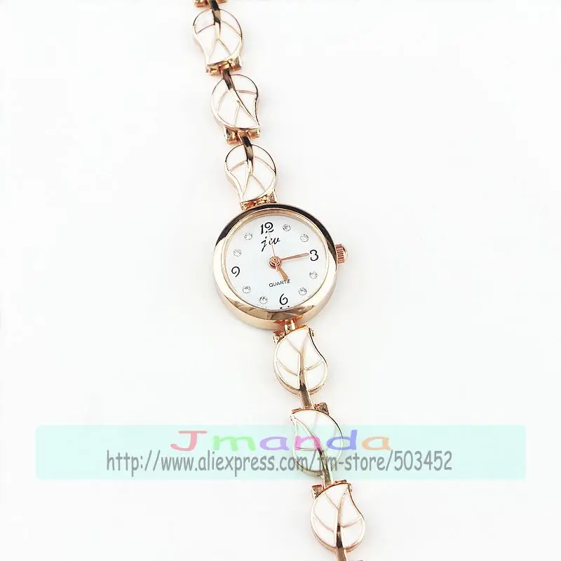 100 шт./лот JW-3214 Модные женские гетры с рисунком листьев, браслет часы, корпус из розового золота Платье кварцевые часы элегантный дизайн часы