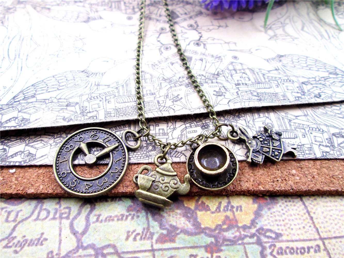 fashion Antique bronze Alice in Wonderland necklace Teapot with teacup Clock rabbit charm pendant necklace fashion Antique bronze Alice in Wonderland necklace Teapot with teacup Clock rabbit charm pendant necklace