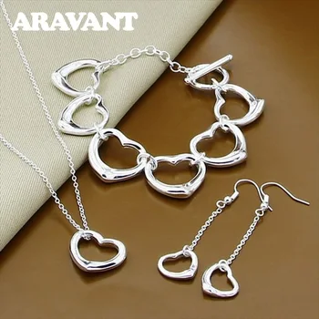 

Luxury Women Wedding Bridal Jewelry Set 925 Silver Heart Necklaces Bracelets Long Chains Dangle Earrings Anniversary Gift