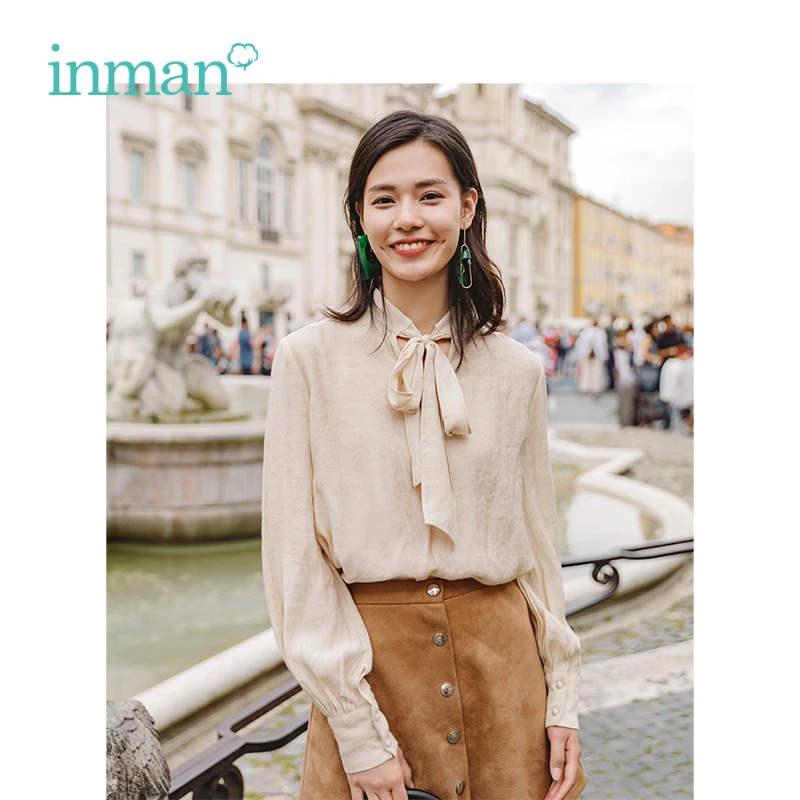

INMAN Autumn New Arrival Bow Stand up Collar Loose Gentlewoman Long Sleeve Women Blouse