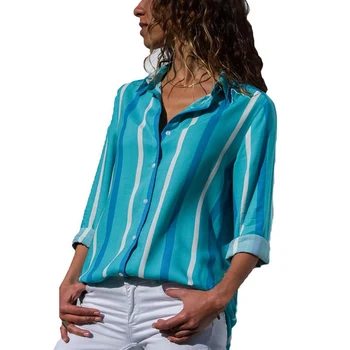 

Women Lady V Neck Loose Button up Color Block Stripes Blouse Shirt Casual Tops