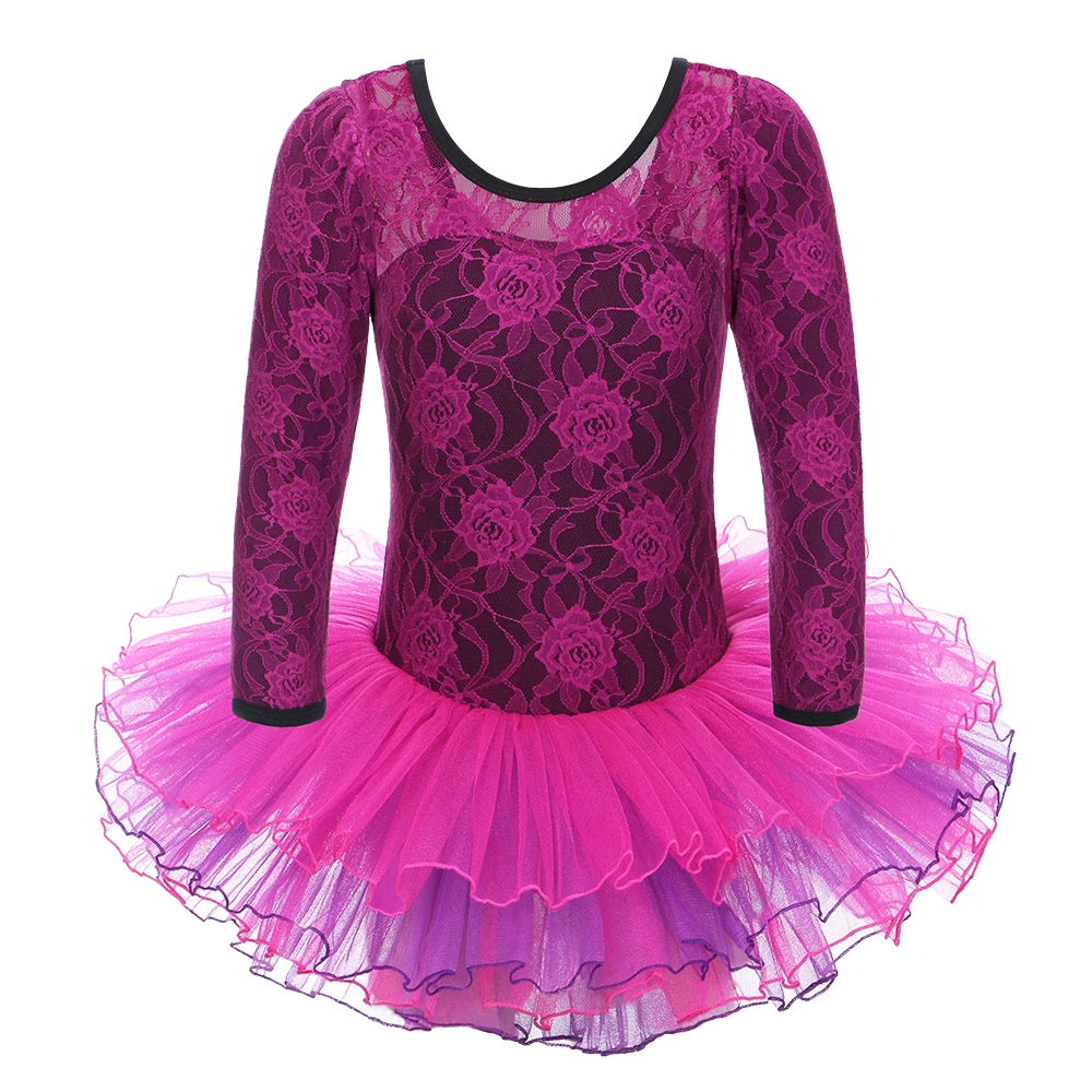 

New Fuchsia/Yellow Long Sleeve Ballet Tutu Dresses for 3-8 Yrs Children Girls Gymnastics Leotard Lace Cotton Dance Costume