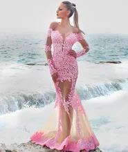 Hermoso vestido de noche de sirena Rosa 2019 Apliques de encaje joya cuello largo hasta el suelo vestidos de fiesta formales(China)