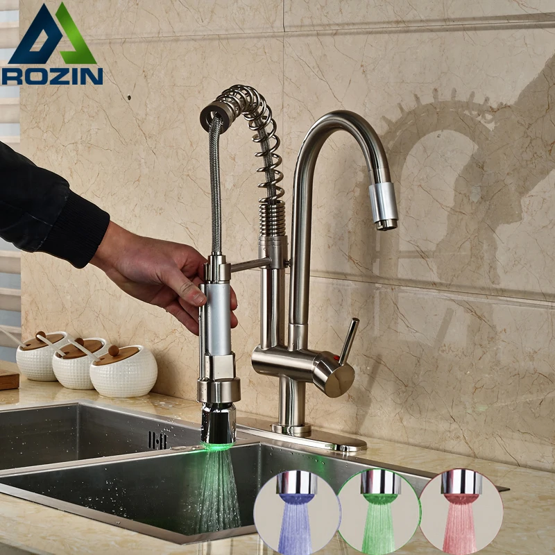RGB Color Changing Kitchen Sink Mixers Deck Mount One Handle Faucet LED Light Kitchen Crane Brushed