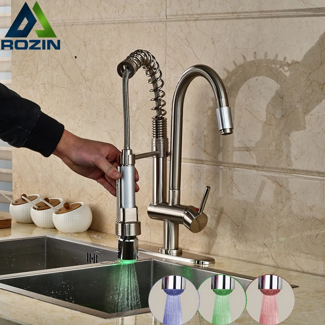 Rgb Color Changing Kitchen Sink Mixers Deck Mount One Handle Faucet Rgb Color Changing Kitchen Sink Mixers Deck Mount One Handle Faucet Led Light Crane Brushed Nickel