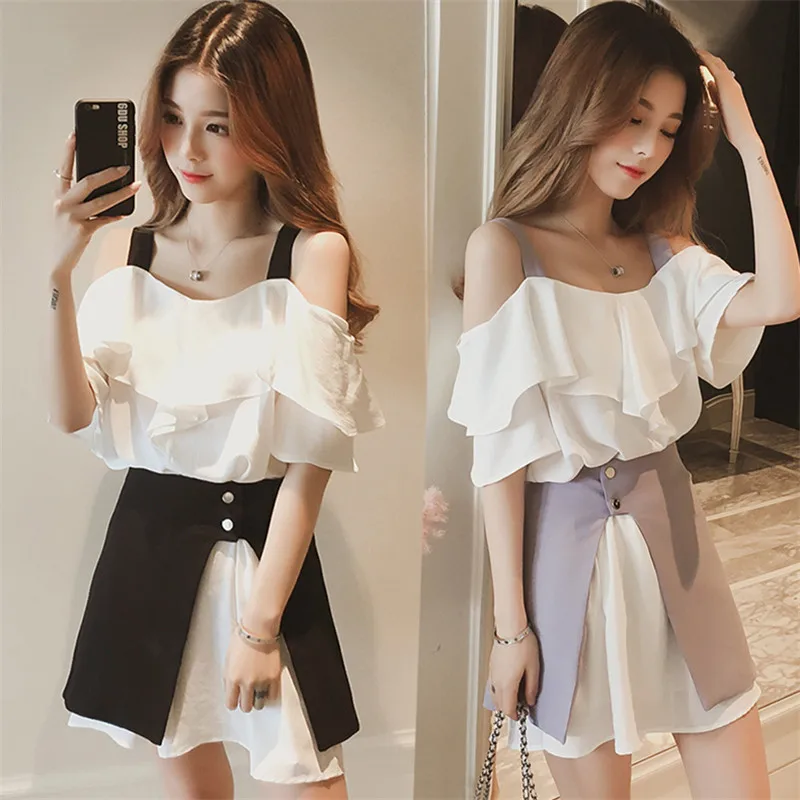 2019-New-Fashion-Summer-Women-s-Off-Shoulder-Lotus-Leaf-Chiffon-Blouse-High-waisted-Irregular-Skirt