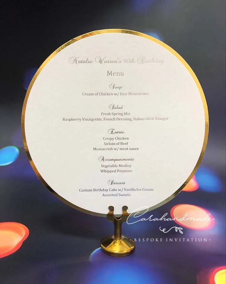 

ME03 Free Shipping Round Menu Card Gold Foil Print