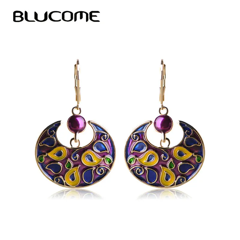 

Blucome Fashion Horns Shape Drop Earrings Gold Color Purple Yellow Enamel Painting Earrings For Women Lady Party Jewelry Gifts