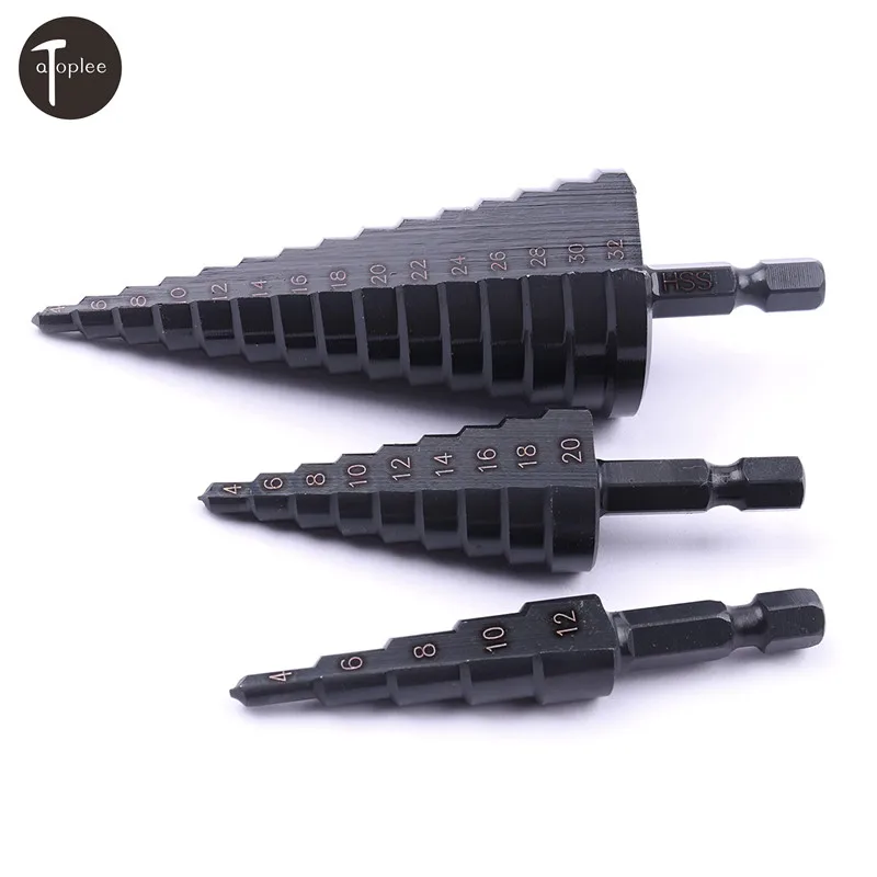 

1PC 4-12mm 4-20mm 4-32mm HSS Hex Shank Nitriding Black Straight Groove Step Drill Bit Conical Cone Power Drilling Step Drill