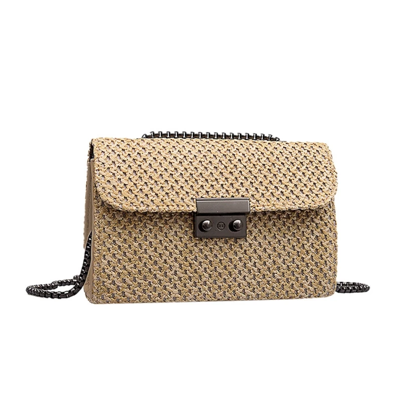 

NEW-Wild Chain Straw Knit Women'S Summer Beach Tote Bags Square Bag Handmade Rattan Designer Ladies Messenger Bag Khaki