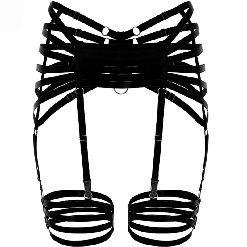 Черный комплект нижнего белья с ремнем на шею, бандаж на ноги, подвязки, регулируемый сексуальный готический Фетиш, Одежда для танцев на шесте, бюстгальтер на бретельках