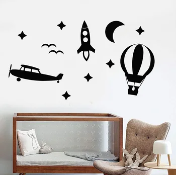 

Vinyl wall applique toy balloon rocket plane sky children room fashion design sticker, boy room decoration ET38