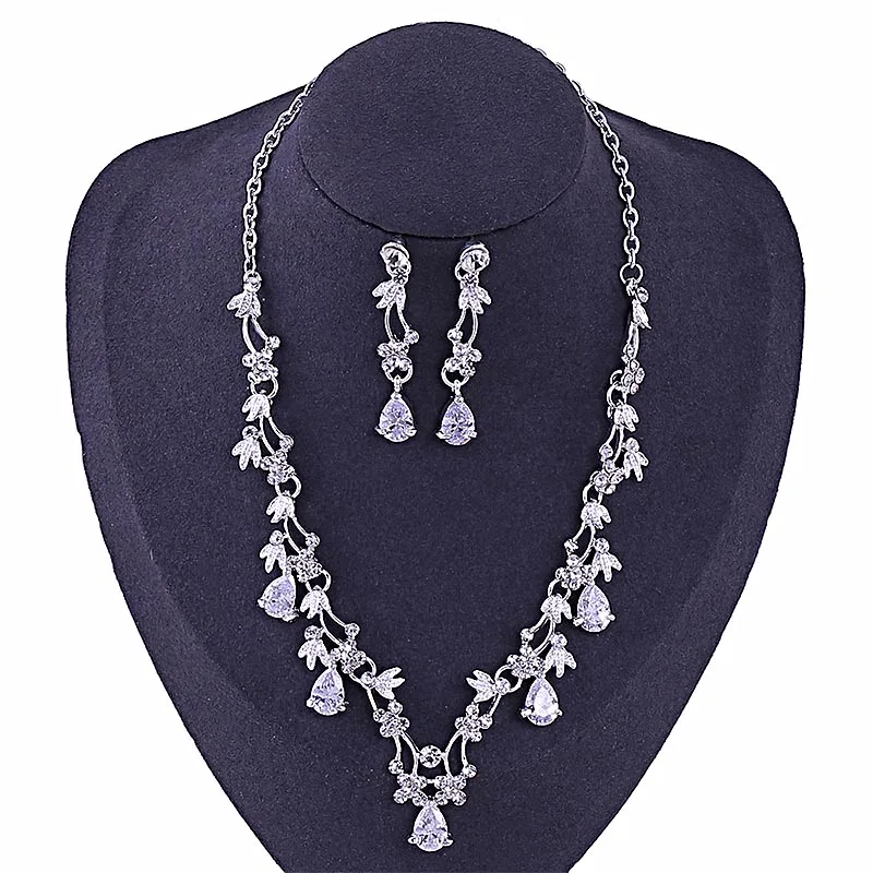 

Fashion Bride Rhinestone Flower Jewelry Sets Zircon Necklace Earrings Suit Bridal Wedding Necklace Accessories LB
