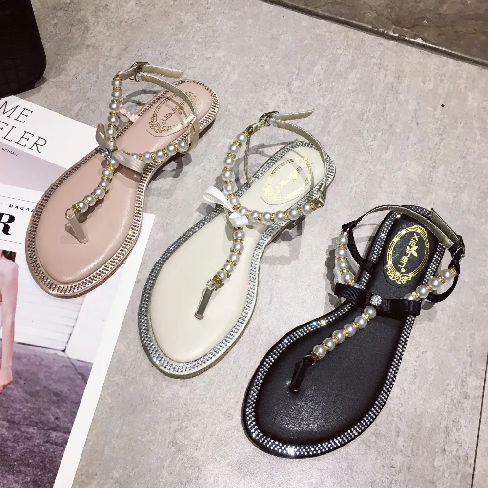 

String bead sandals shoes woman crystal flats bowknot flip flops fairy brief beach shoes sweet femme zapatos mujer2019summer new