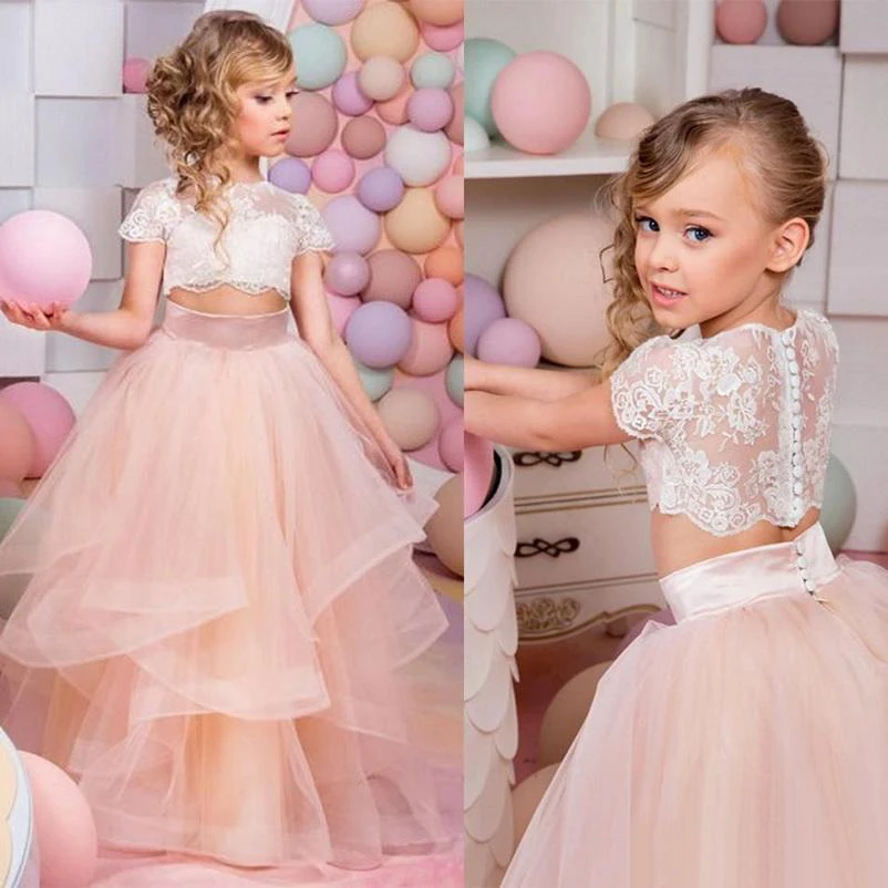 2019 Vestidos Primera Comunion 2 предмета бальное платье с цветочным узором для девочек кружево