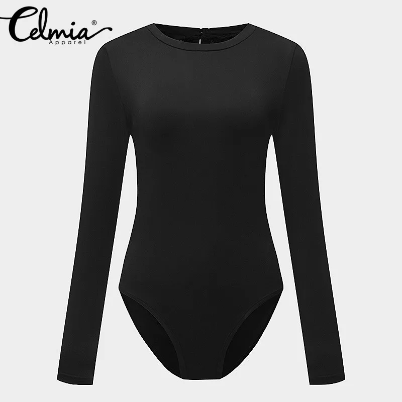 Celmia Plus Size Women Bodysuits Rompers Jumpsuits 2018 Autumn Casual Backless Sexy Solild Jumpsuit Long Sleeve Bodycon Bodysuit