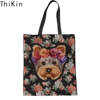 

THIKIN Woman's Linen Shopping Tote Bags Cute 3D Animal Yorkshire Terrier Floral Print Lady Cloth Bag Big Grocery Bag Foldable