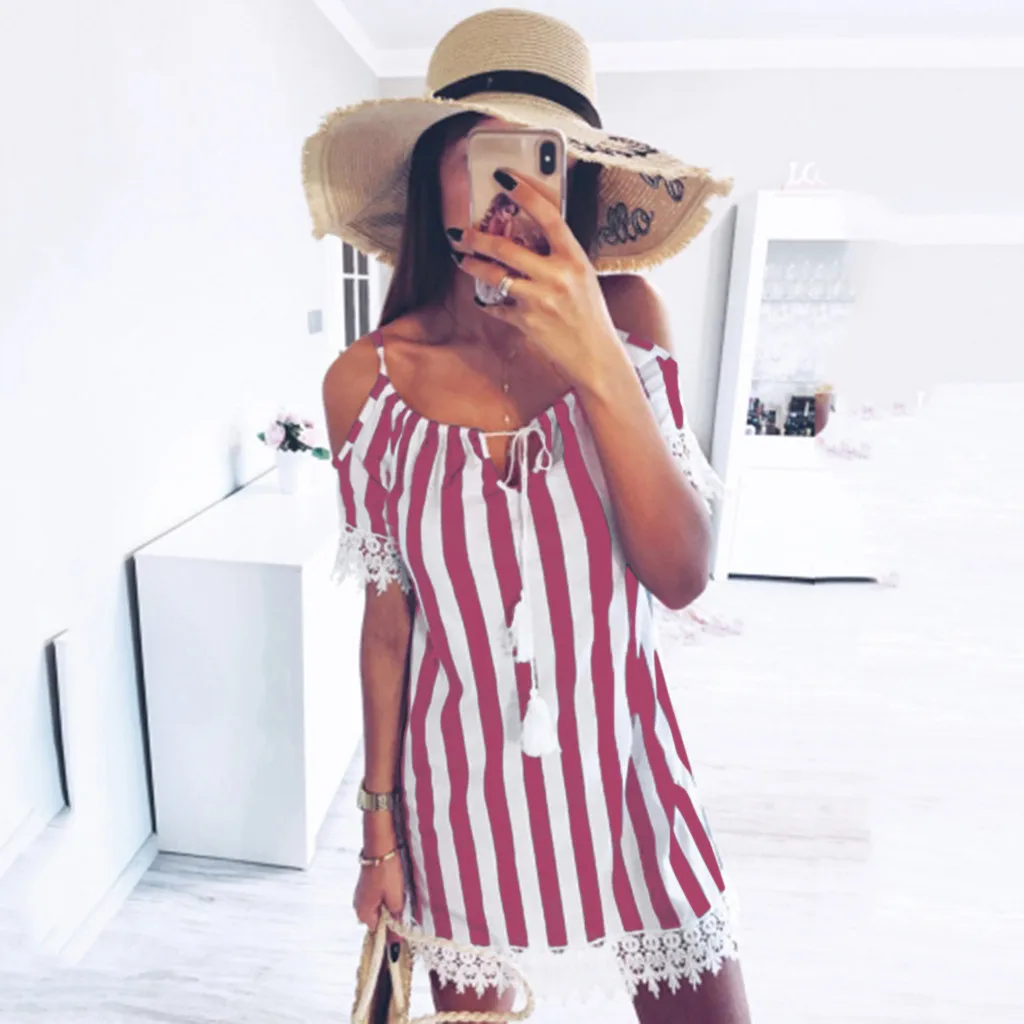 

JAYCOSIN 2019 New Women Summer Strapless shoulder Sweet Boho Short Mini Dress V Neck High Waist Evening Party Beach Dresses 72