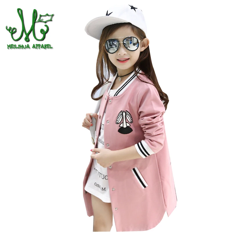

2018 Teenage Girl Baseball Jacket Kids Spring And Fall Long Cardigan Cotton Trench Coat Cartoon Girl Clothes For 6 8 10 12 14 Y