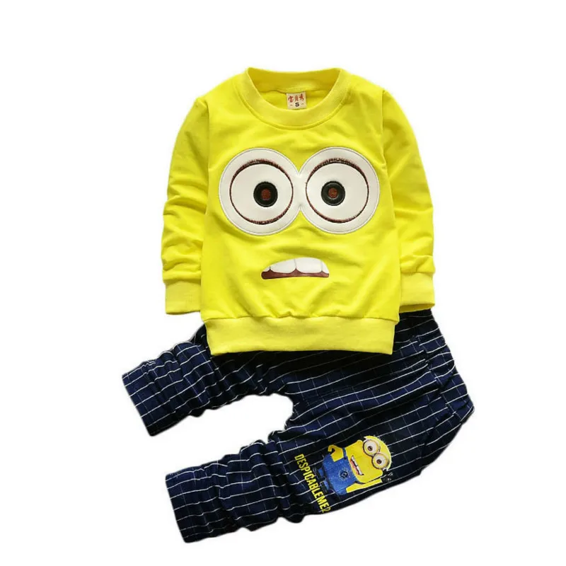 Комплект одежды для маленьких мальчиков, детская одежда г. Весенняя Детская футболка с длинным рукавом и рисунком для девочек+ штаны, костюмы из 2 предметов, костюмы миньонов - Цвет: yellow