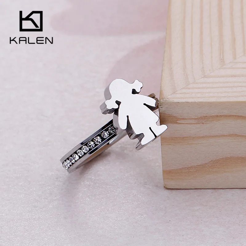 KALEN 2018 New Stainless Steel Silver Girl Charm Rings For Women Rhinestone Cartoon Girl Finger Rings Size 6 7 8 9 Rings Jewelry