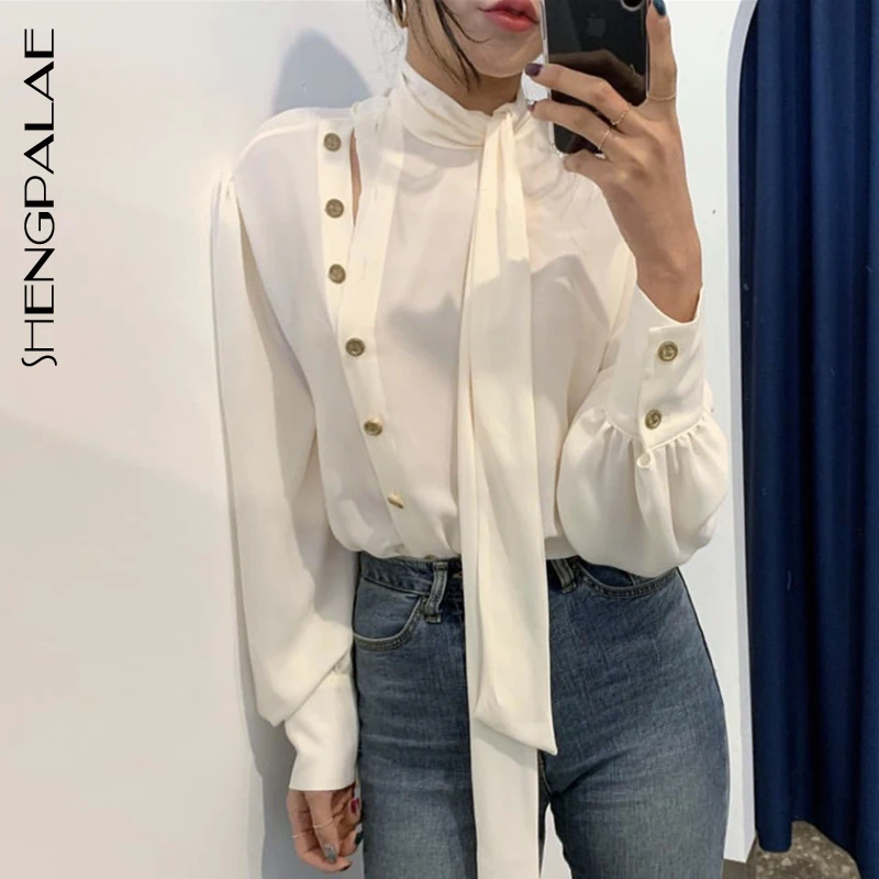 

SHENGPALAE New Summer Spring Korea Style Full Lantern Sleeve Stand Collar With Button Chiffon Single Breasted Women Shirt FR397