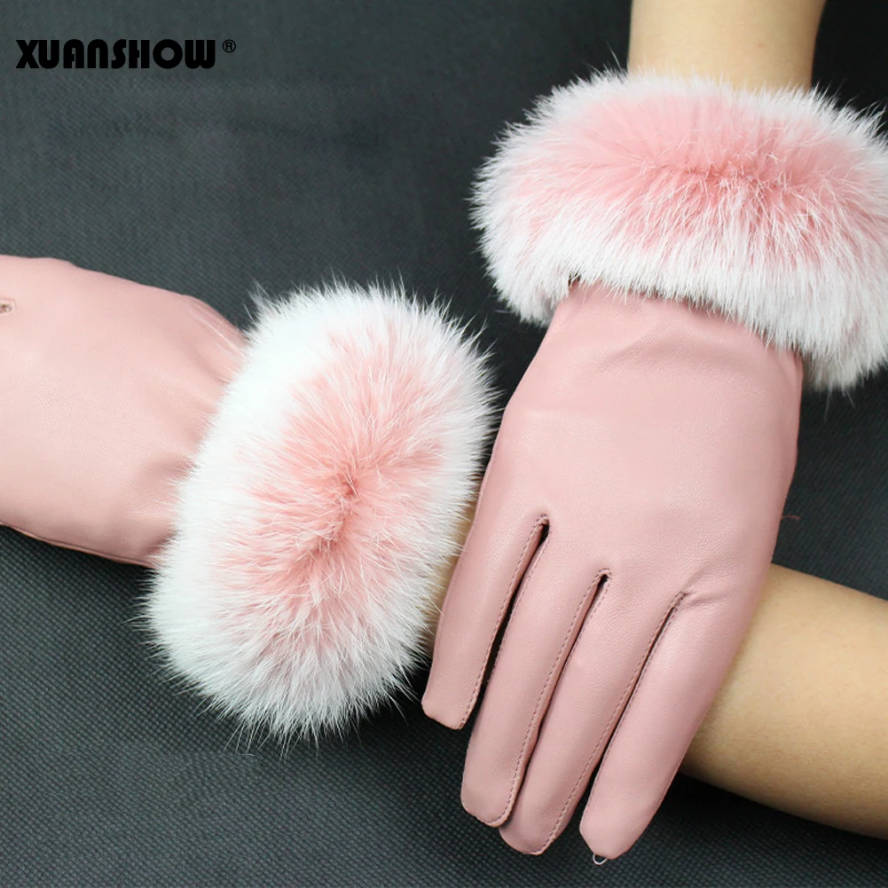 

XUANSHOW Touch Screen Leather Gloves Female Rabbit Hair Wrist Mouth Autumn Winter Keep Warm Inside Coral Fleece Thicken Gloves