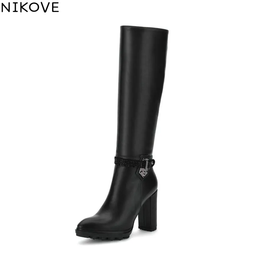 

NIKOVE 2018 Square High Heels Knee-high Boots Pointed Toe Zipper Fashion Ladies Boots Platform Autumn Women Boots Size 34-39