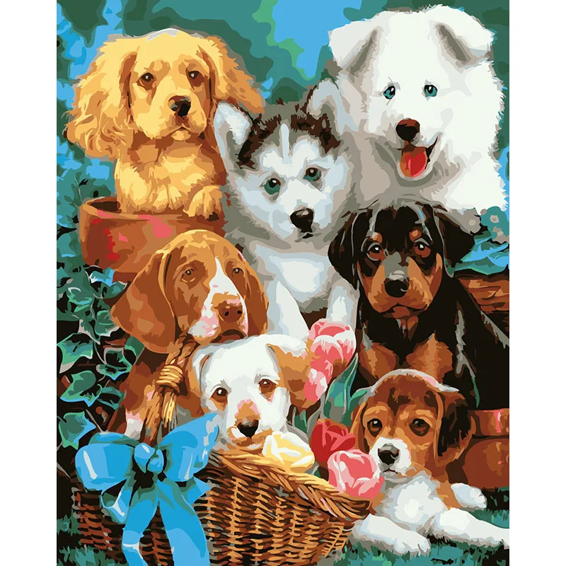

ArtSailing pictures by numbers on canvas cute little puppies family Decoration Pictures on canvas Poster with frame NP-378