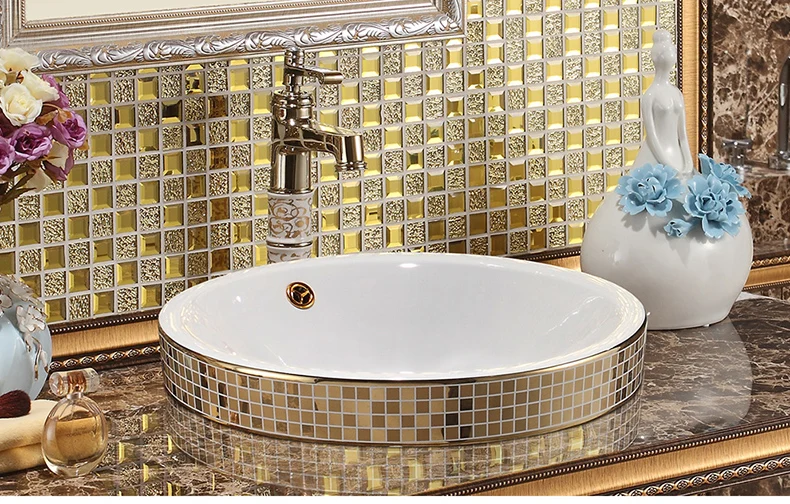 Gold Round art basin European ceramic wash basin American table basin semi-embedded bathroom sinks counter top basin (7)