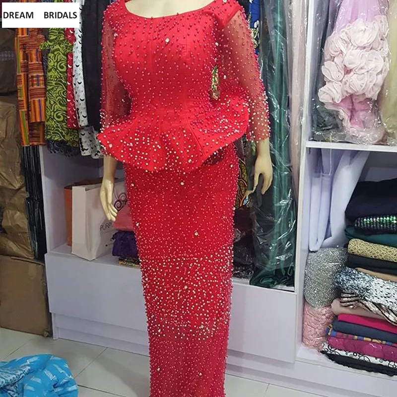 

Vintage Long Sleeves Mermaid Formal Evening Dresses Long Beading Pearls Kaftan Turkish Scoop Prom Dress Abiye 2019