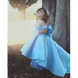 Небесно-голубое платье с цветочным узором для девочек, элегантное атласное платье без рукавов с открытыми плечами, детское Пышное Платье с