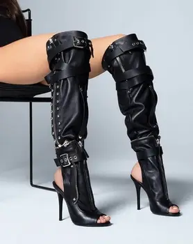 

Abesire Woman Metal Decoration Open Toe Sandals Boots Female Sexy Solid Black Side Zipper Knee High Boots Lady Slingback Shoes