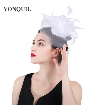 

New fascinators feather hat Bridal tulle face hair headwear white flower wedding accessory married fedora women headwear fancy