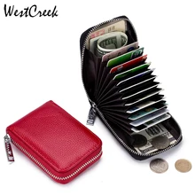 Marca WESTCREEK, organizador minimalista de cuero genuino para mujer, tarjetero de negocios para hombre, bolso de viaje con cremallera de cuero de vaca