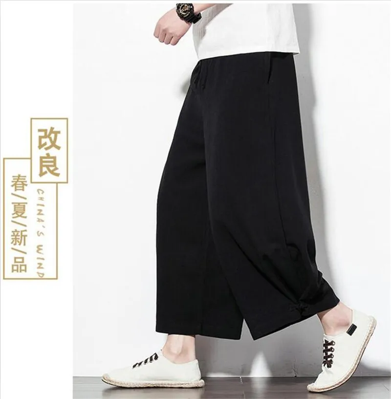 Китайский Стиль Для мужчин Повседневное свободного кроя с завязками на лодыжке Длина брюки из хлопка и льна, Однотонная футболка на пуговицах, для девочек, брюки, большой размер 6XL 7XL черного и серого цвета