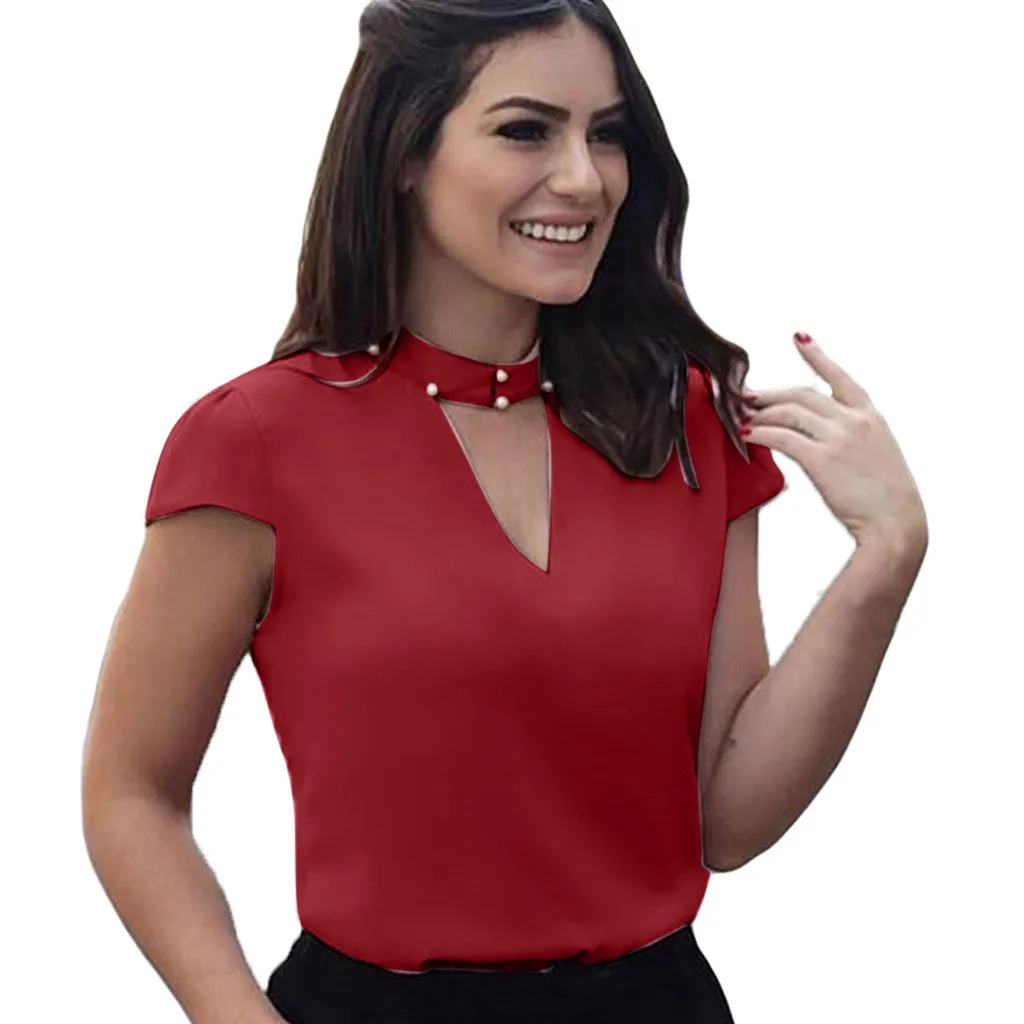 

Summer Sexy Chiffon Shirt Women Short Sleeve Solid Color Blouse V-Neck Slim Fit Ladies Casual Tops Business Office Shirt