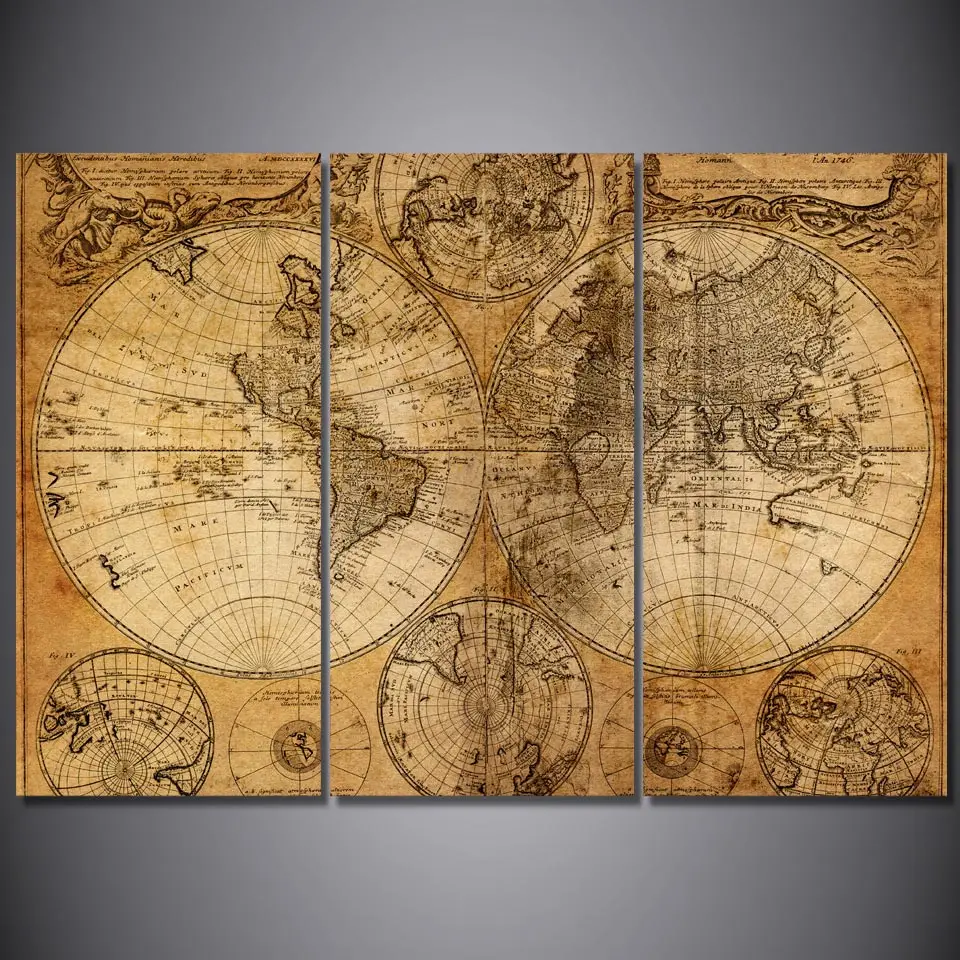 3 Pcs/Set Framed HD Printed Retro Old World Map Picture Wall Art Print