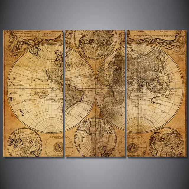 3 pcsset framed hd printed retro old world map picture wall art print room