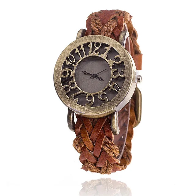 MINHIN Retro Style Leather Woven Strap Bracelet Watch Hollow Dial Delicate Gift MINHIN Retro Style Leather Woven Strap Bracelet Watch Hollow Dial Delicate Gift