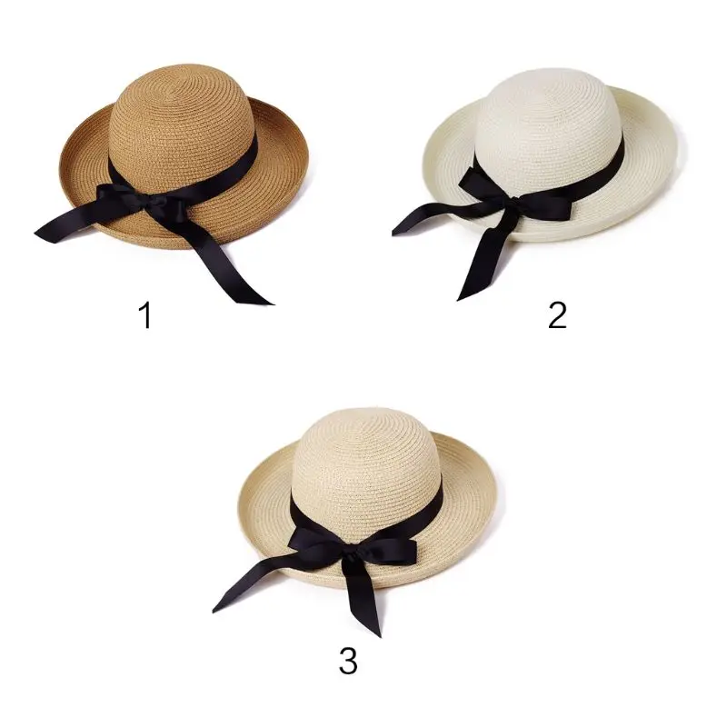 

Women Summer Straw Sun Visor Hat Detachable Satin Ribbon Bowknot Crimping Wide Brim Solid Color Bucket Cap Sun Protection Beachw