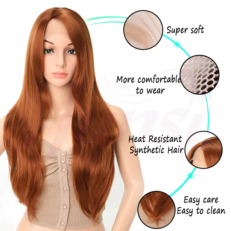 JUNSI Длинные прямые парики темно-оранжевые синтетические парики на кружеве для женщин с челкой термостойкие натуральные волнистые волосы